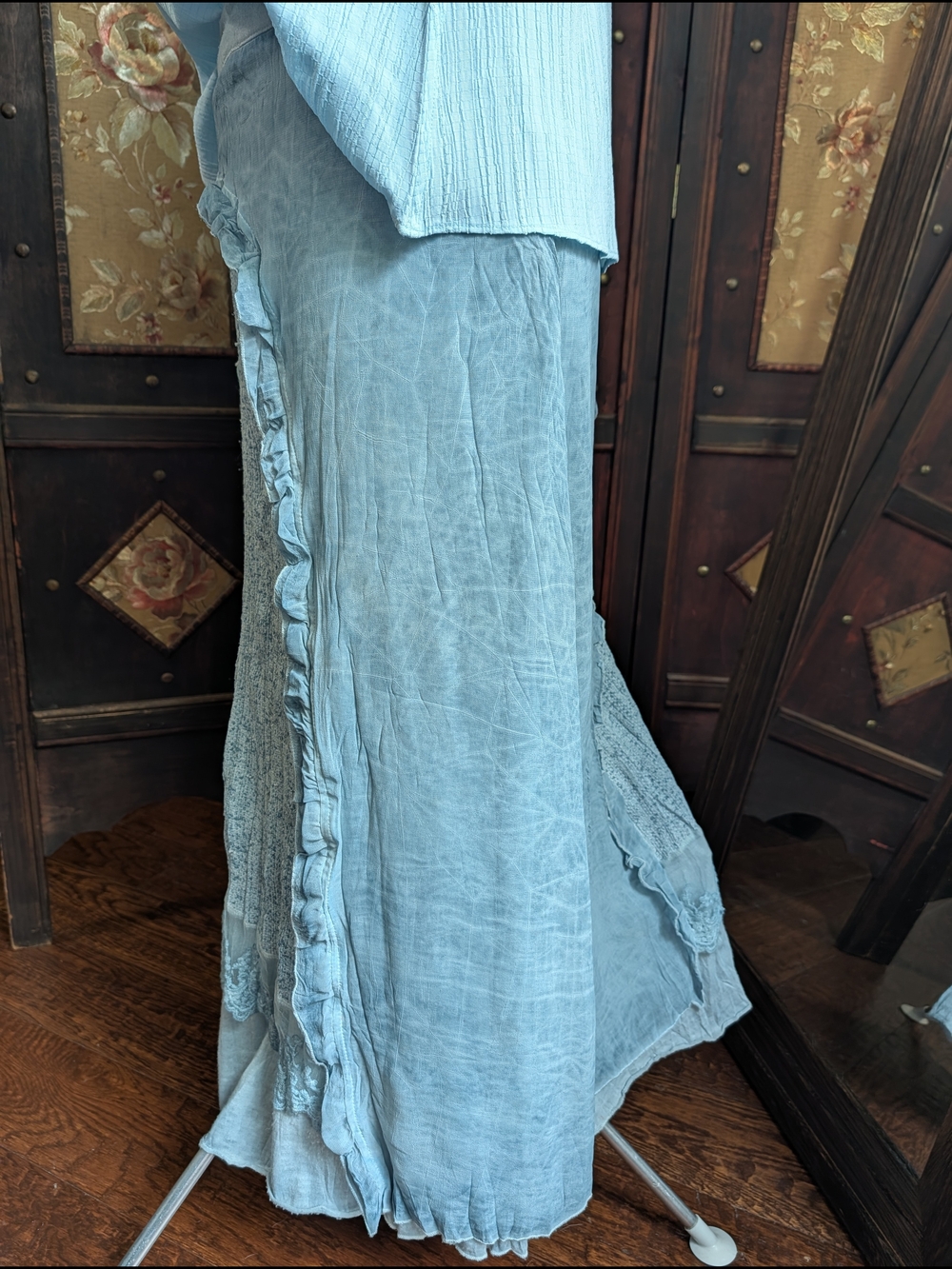 Fleur de Lis Baby Blue Layer Lace Patchwork Maxi Skirt Fairy Boho Medium M Y2K - Picture 2 of 8